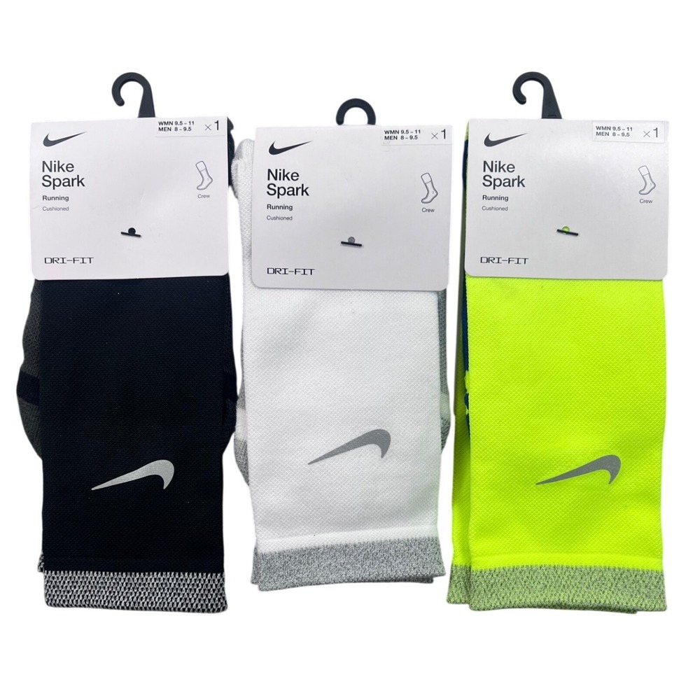 Nike Spark Running Cushioned Crew Socks 3 Pair lot Dri-FIT  M 8-9.5‎ W 9.5-11